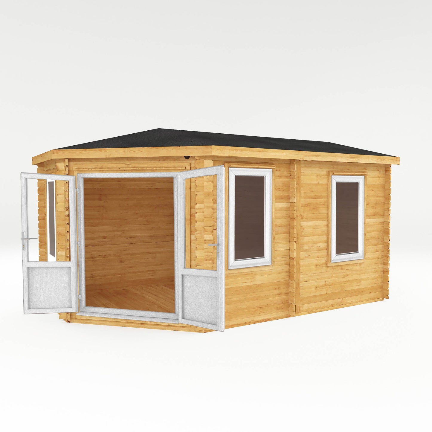 5M X 3M Corner Lodge Log Cabin - 44Mm (Upvc Windows & Door) - White