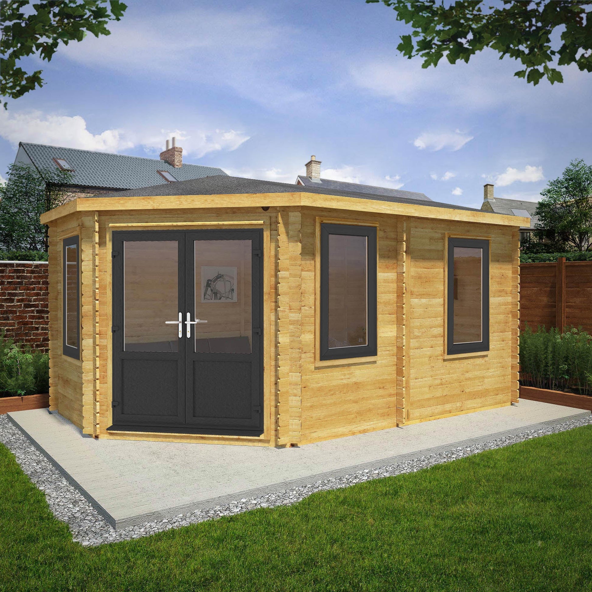 5M X 3M Corner Lodge Log Cabin - 44Mm (Upvc Windows & Door) - Grey