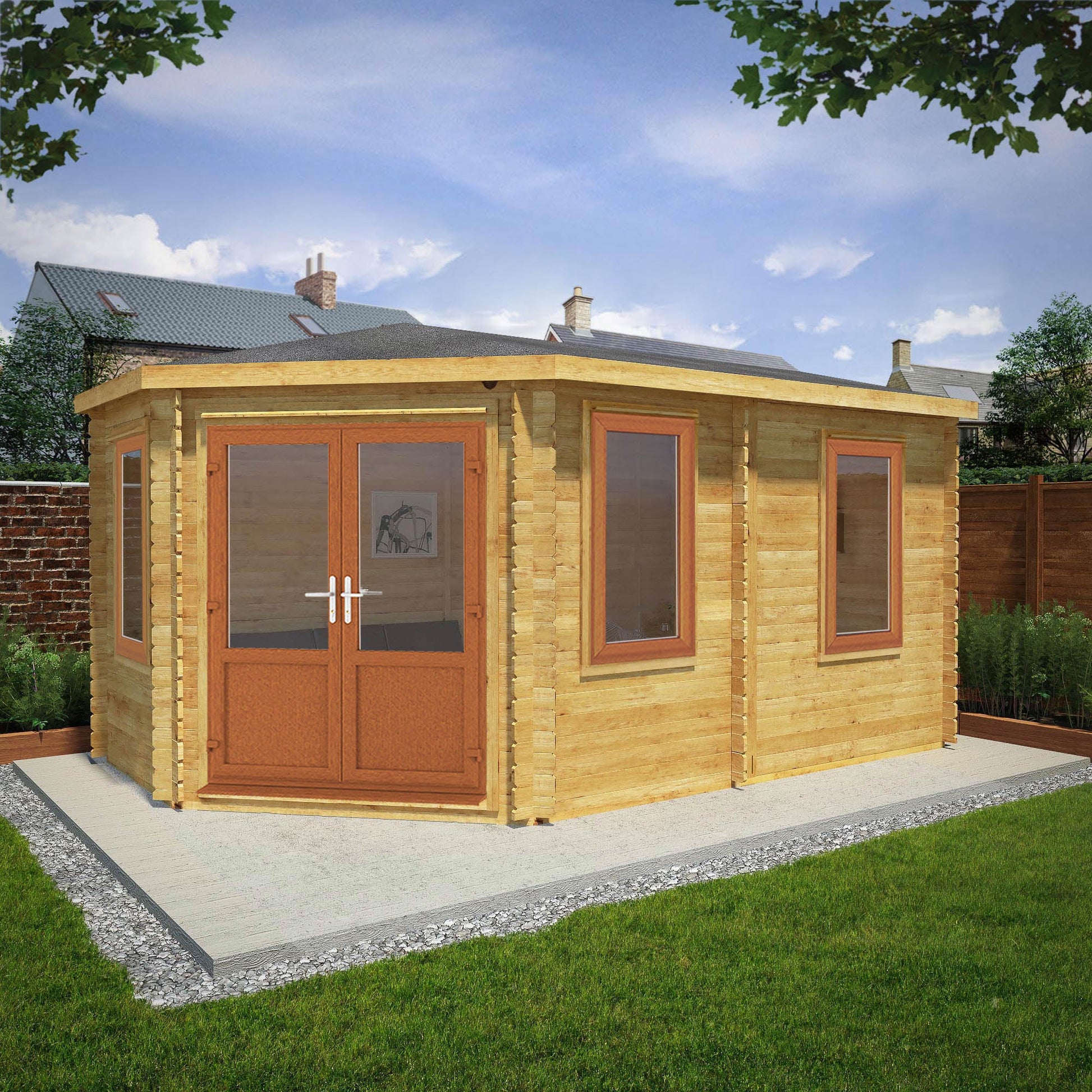 5M X 3M Corner Lodge Log Cabin - 44Mm (Upvc Windows & Door) - Oak