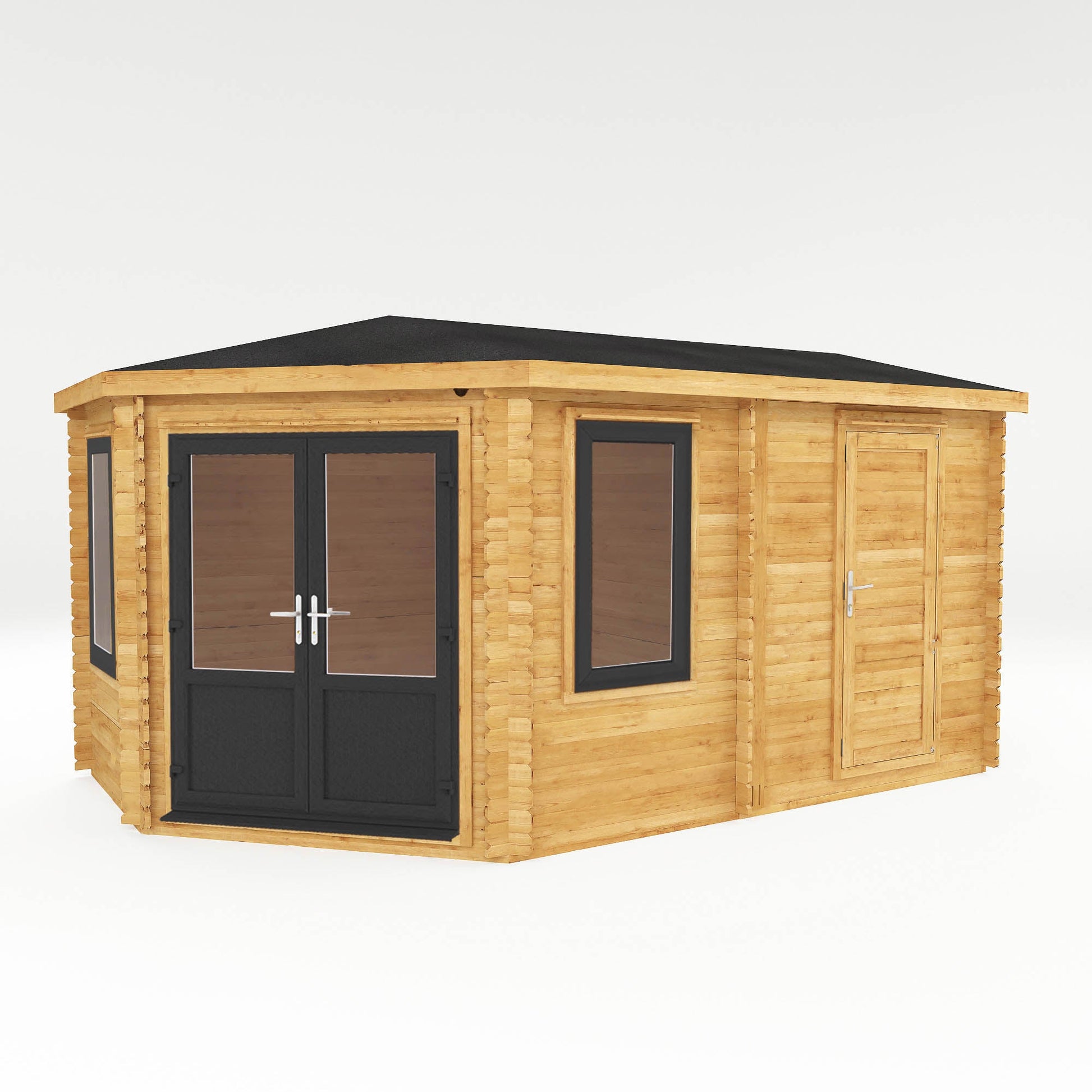 5M X 3M Corner Lodge Log Cabin With Side Shed - 44Mm (Upvc Windows & Door) - Grey