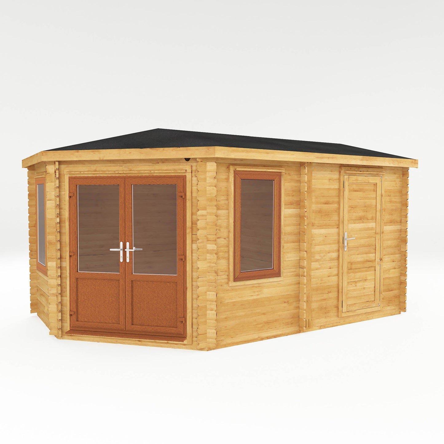 5M X 3M Corner Lodge Log Cabin With Side Shed - 44Mm (Upvc Windows & Door) - Oak