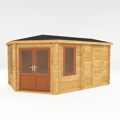 5M X 3M Corner Lodge Log Cabin With Side Shed - 44Mm (Upvc Windows & Door) - Oak