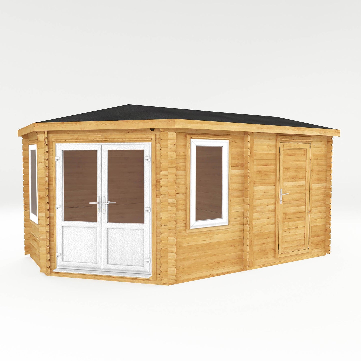 5M X 3M Corner Lodge Log Cabin With Side Shed - 44Mm (Upvc Windows & Door) - White