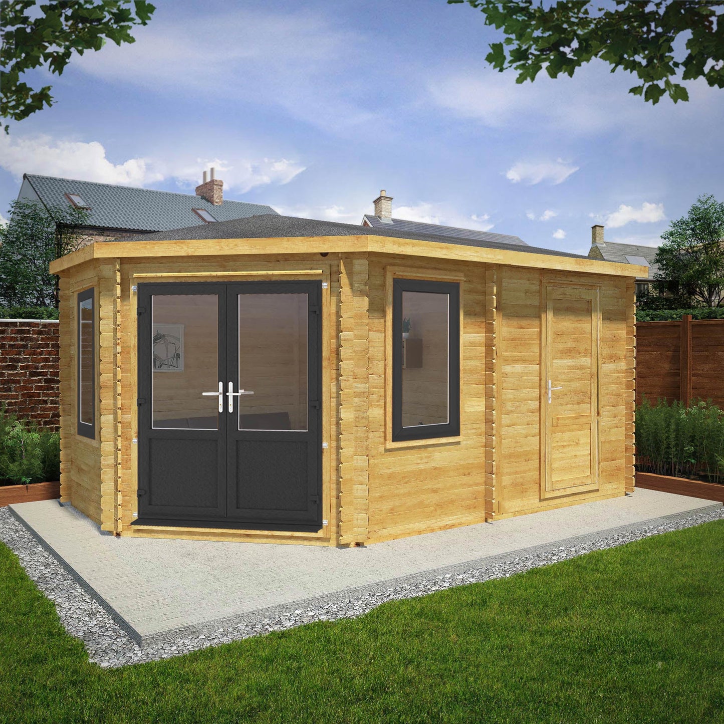 5M X 3M Corner Lodge Log Cabin With Side Shed - 44Mm (Upvc Windows & Door) - Grey