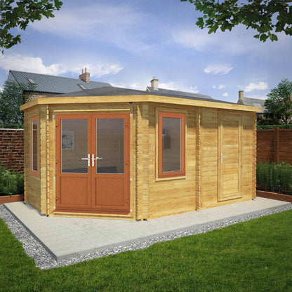 5M X 3M Corner Lodge Log Cabin With Side Shed - 44Mm (Upvc Windows & Door) - Oak