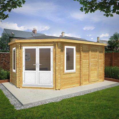 5M X 3M Corner Lodge Log Cabin With Side Shed - 44Mm (Upvc Windows & Door) - White