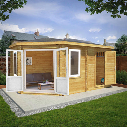 5M X 3M Corner Lodge Log Cabin With Side Shed - 44Mm (Upvc Windows & Door) - White