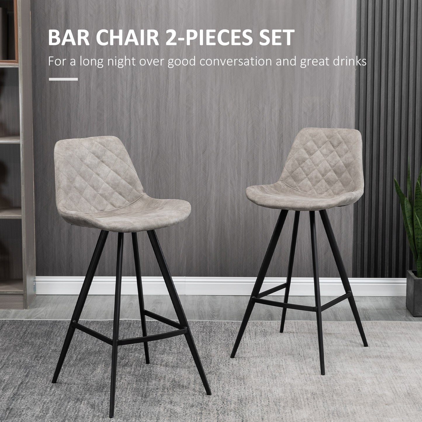 HOMCOM Set Of 2 Bar Stools Vintage Microfiber Cloth Tub Seats Padded Comfortable Steel Frame Footrest Quilted Home Bar Cafe Kitchen Chair Stylish Grey