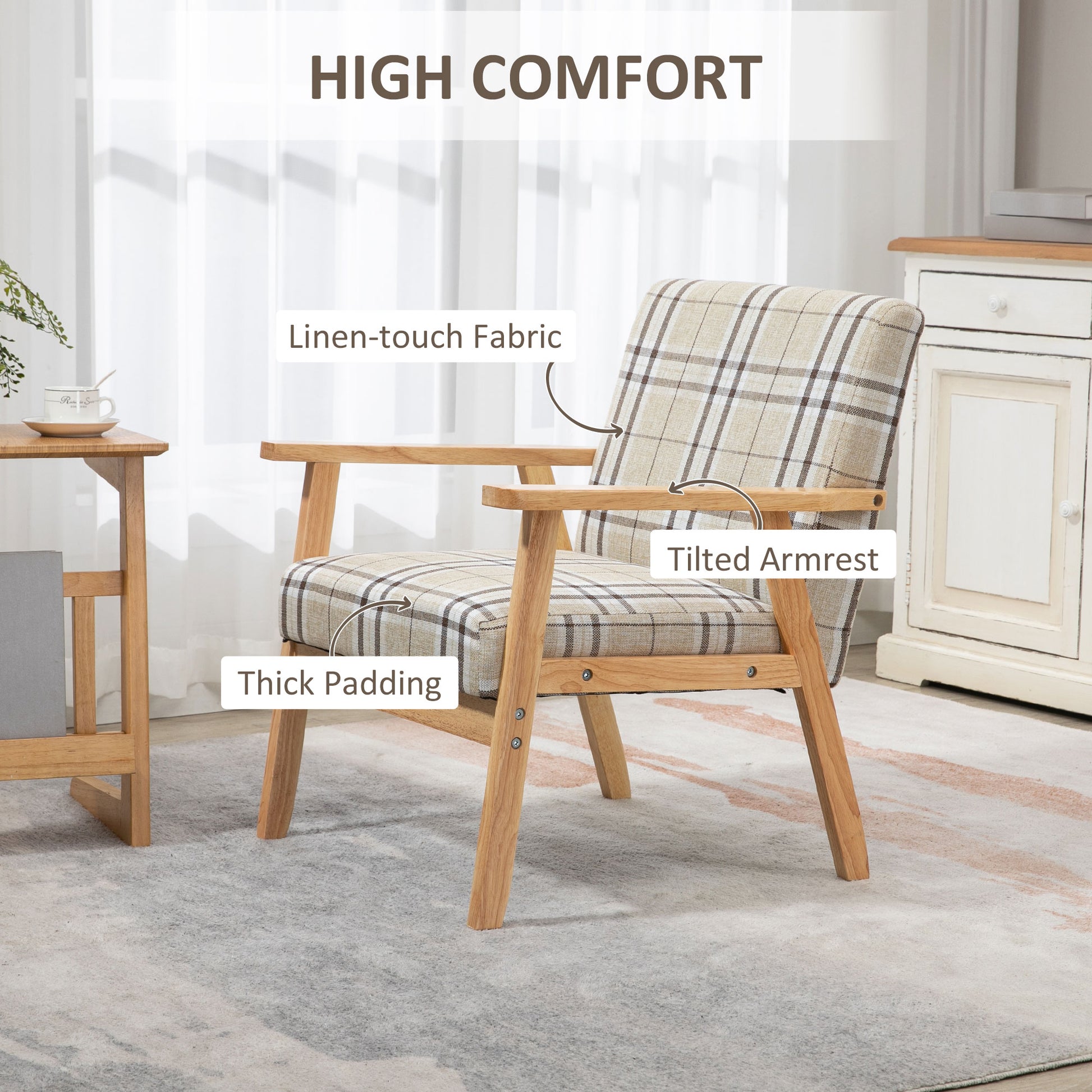 HOMCOM Modern Accent Chairs with Cushioned Seat, Upholstered Linen-Feel Armchair for Bedroom, Living Room Chair with Arms and Wood Legs, Beige