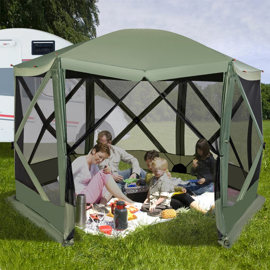 6-Sided Camping Gazebo Instant Setup Hub Tent with Portable Carrying Bag-Green