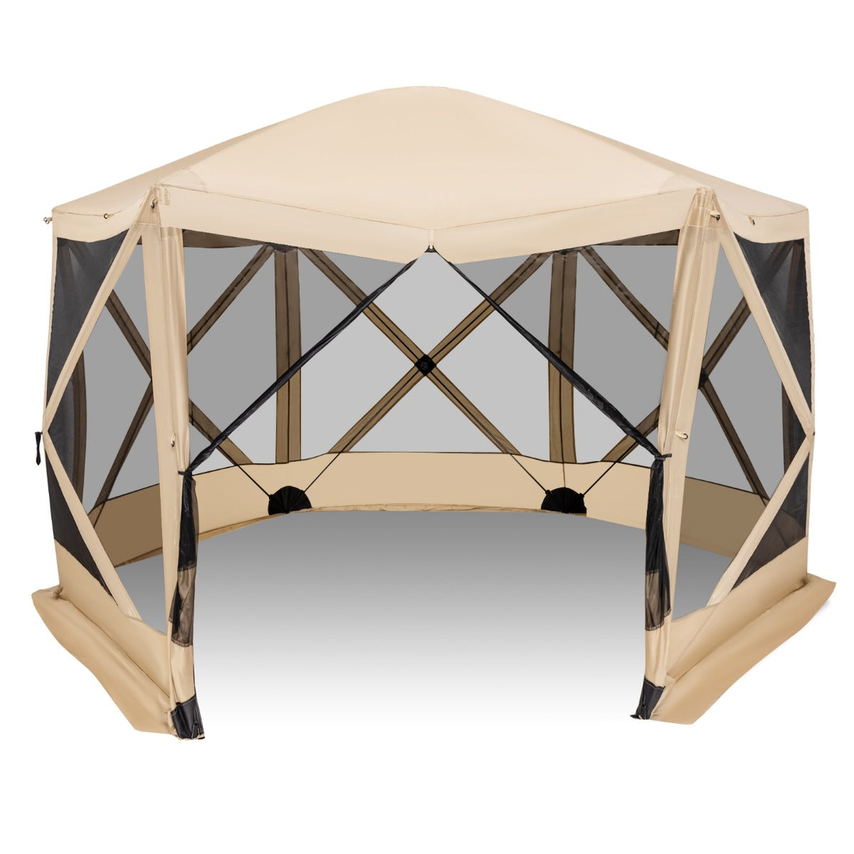 6-Sided Camping Gazebo Instant Setup Hub Tent with Portable Carrying Bag-Coffe