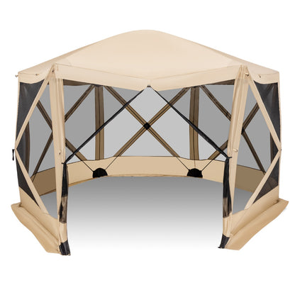 6-Sided Camping Gazebo Instant Setup Hub Tent with Portable Carrying Bag-Coffe