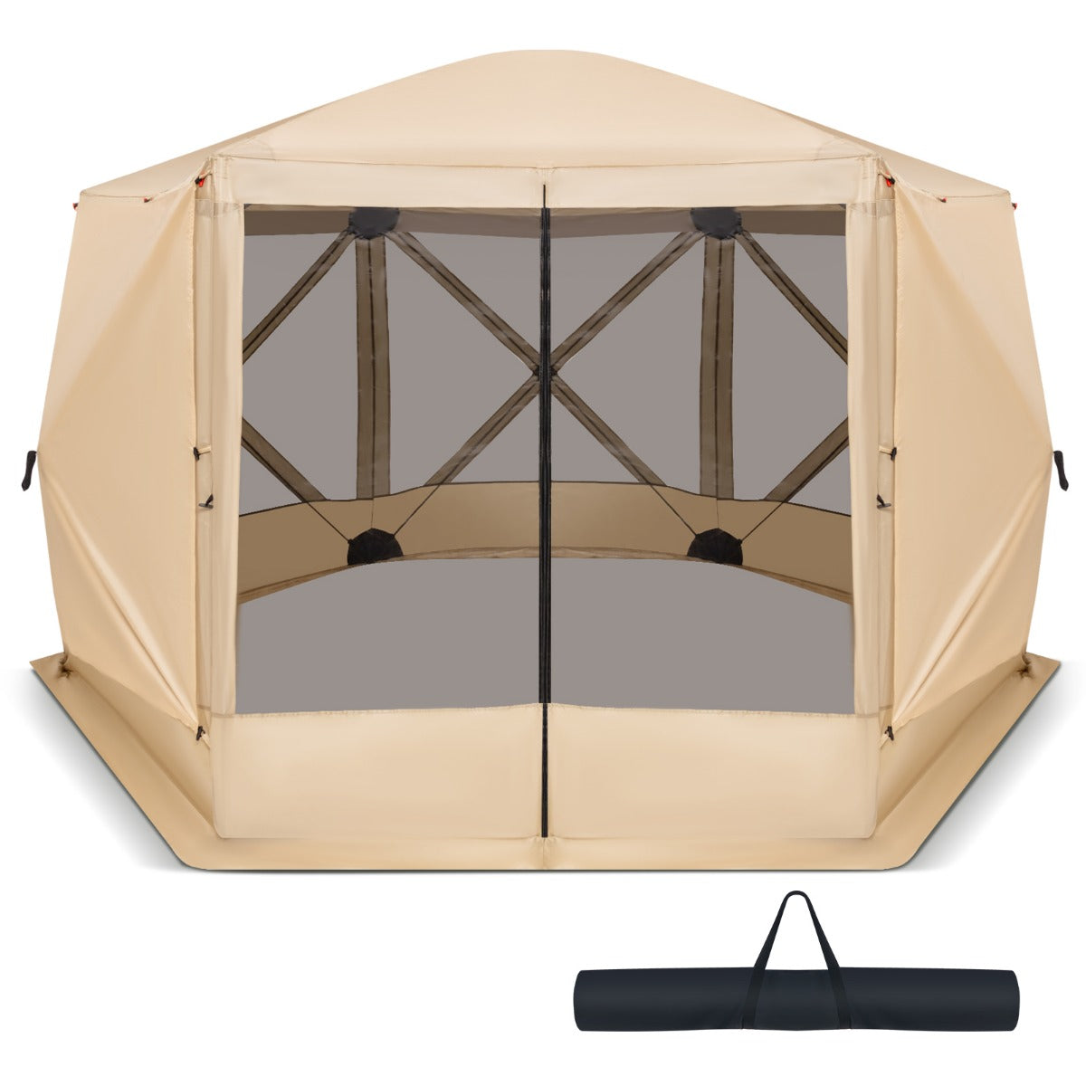 6-Sided Camping Gazebo Instant Setup Hub Tent with Portable Carrying Bag-Coffe