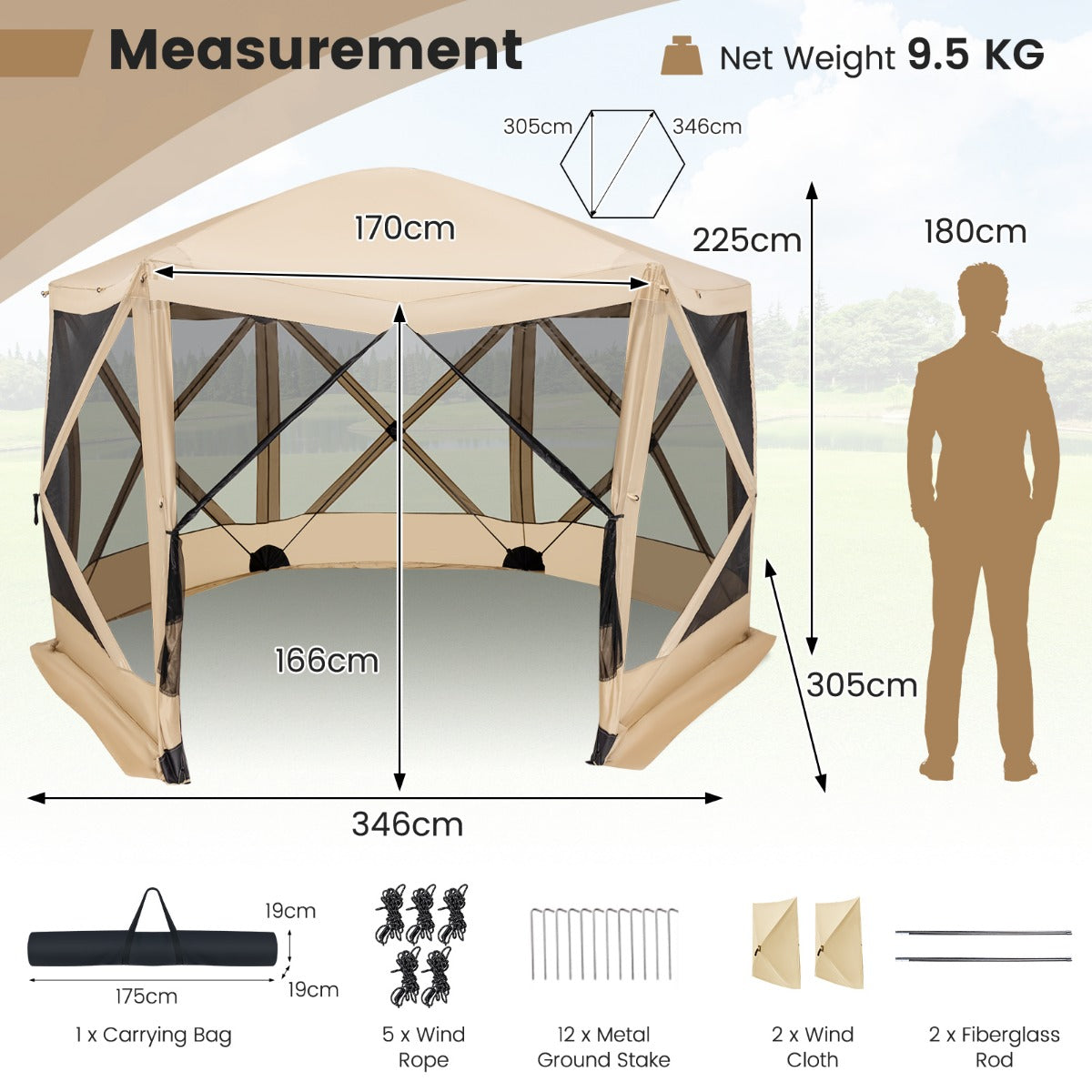 6-Sided Camping Gazebo Instant Setup Hub Tent with Portable Carrying Bag-Coffe