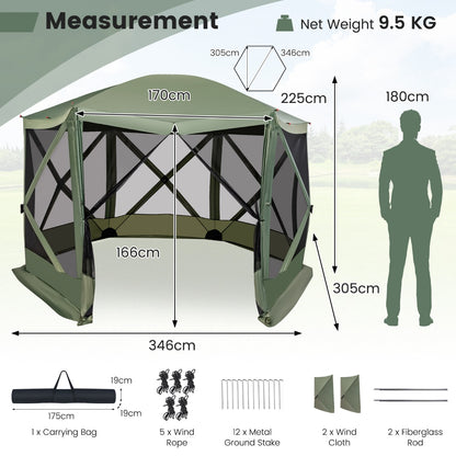 6-Sided Camping Gazebo Instant Setup Hub Tent with Portable Carrying Bag-Green