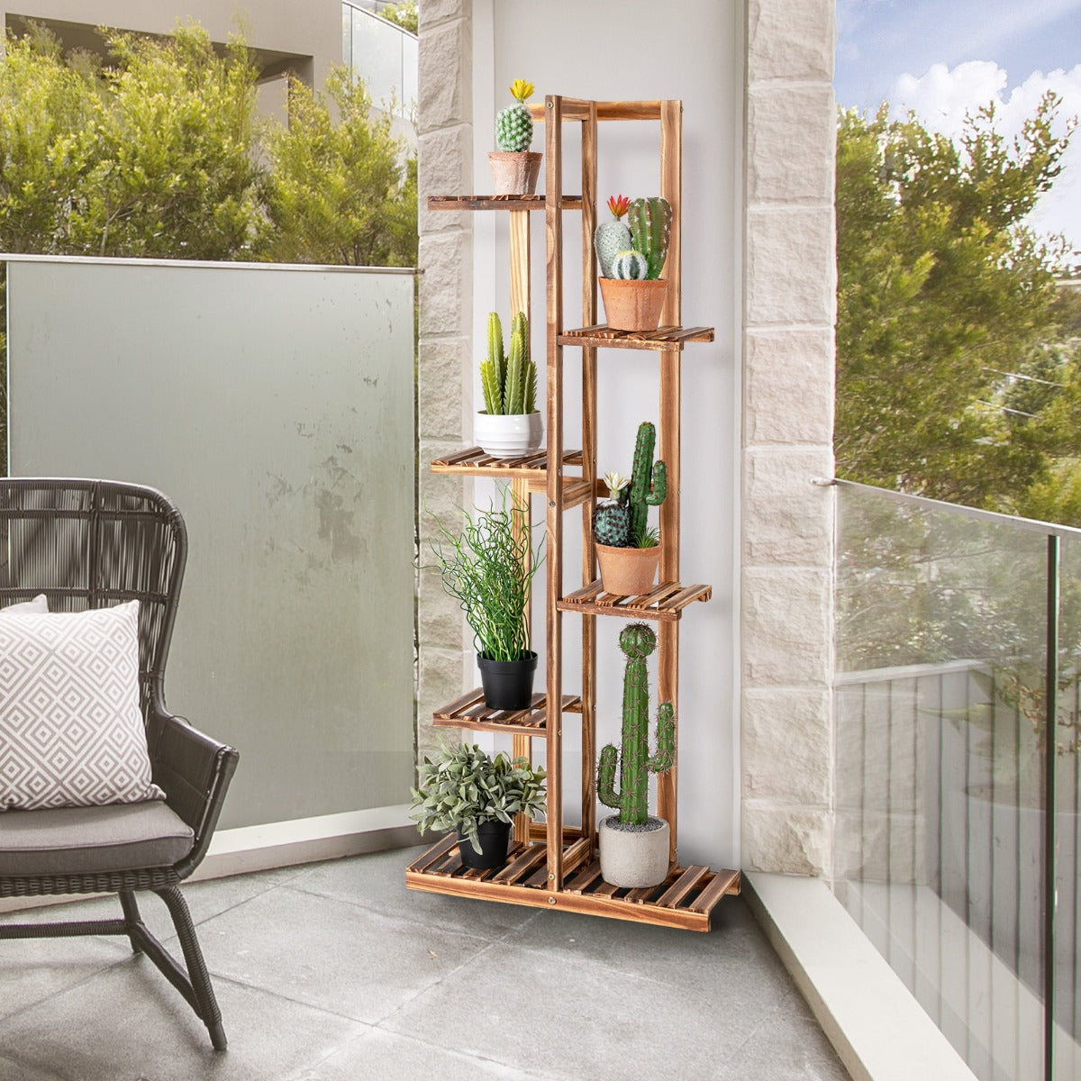 6-tier Wood Plant Stand with Anti-tilting Device and Multifunctional Display Shelf