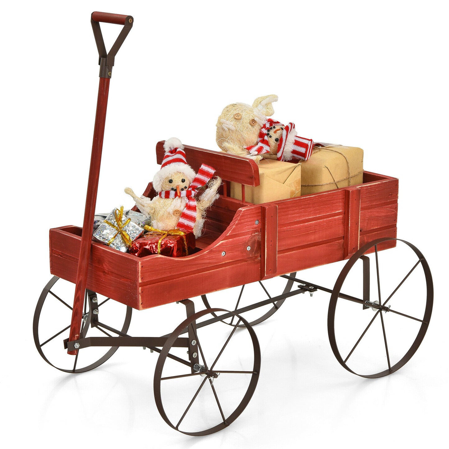 Amish Styled Wagon Plant Stand with Wheels-Red