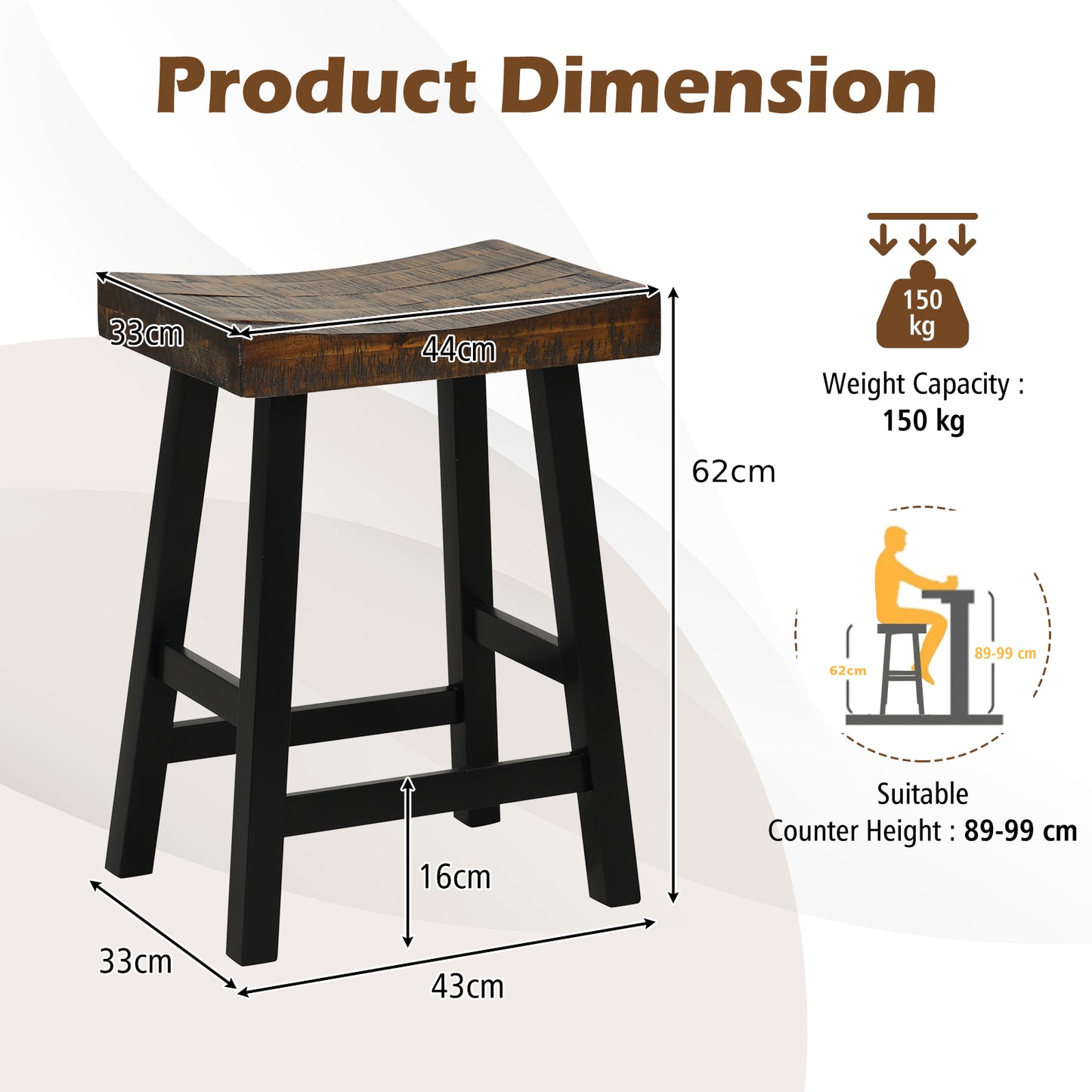 62/74cm Saddle Bar Stools Set of 2 with Saddle Style Seat and Footrest-62 cm