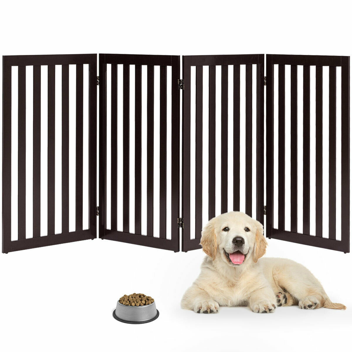 4 Panels Foldable Freestanding Pet Gate-Brown