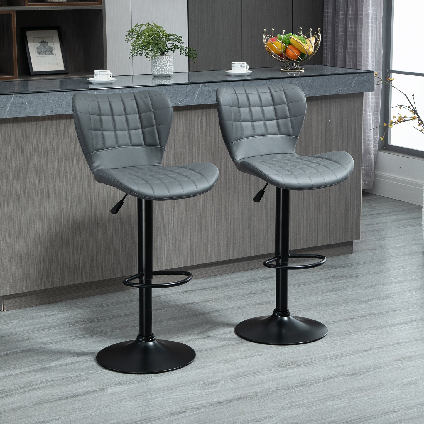 HOMCOM Bar Stools Set of 2 Adjustable Height Swivel Bar Chairs in PU Leather with Backrest & Footrest, Grey