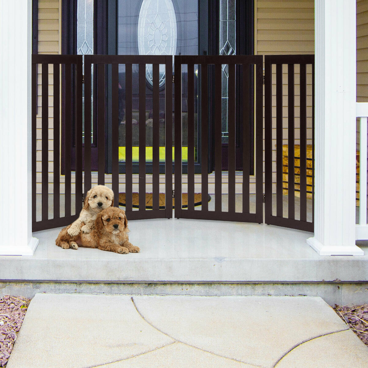 4 Panels Foldable Freestanding Pet Gate-Brown