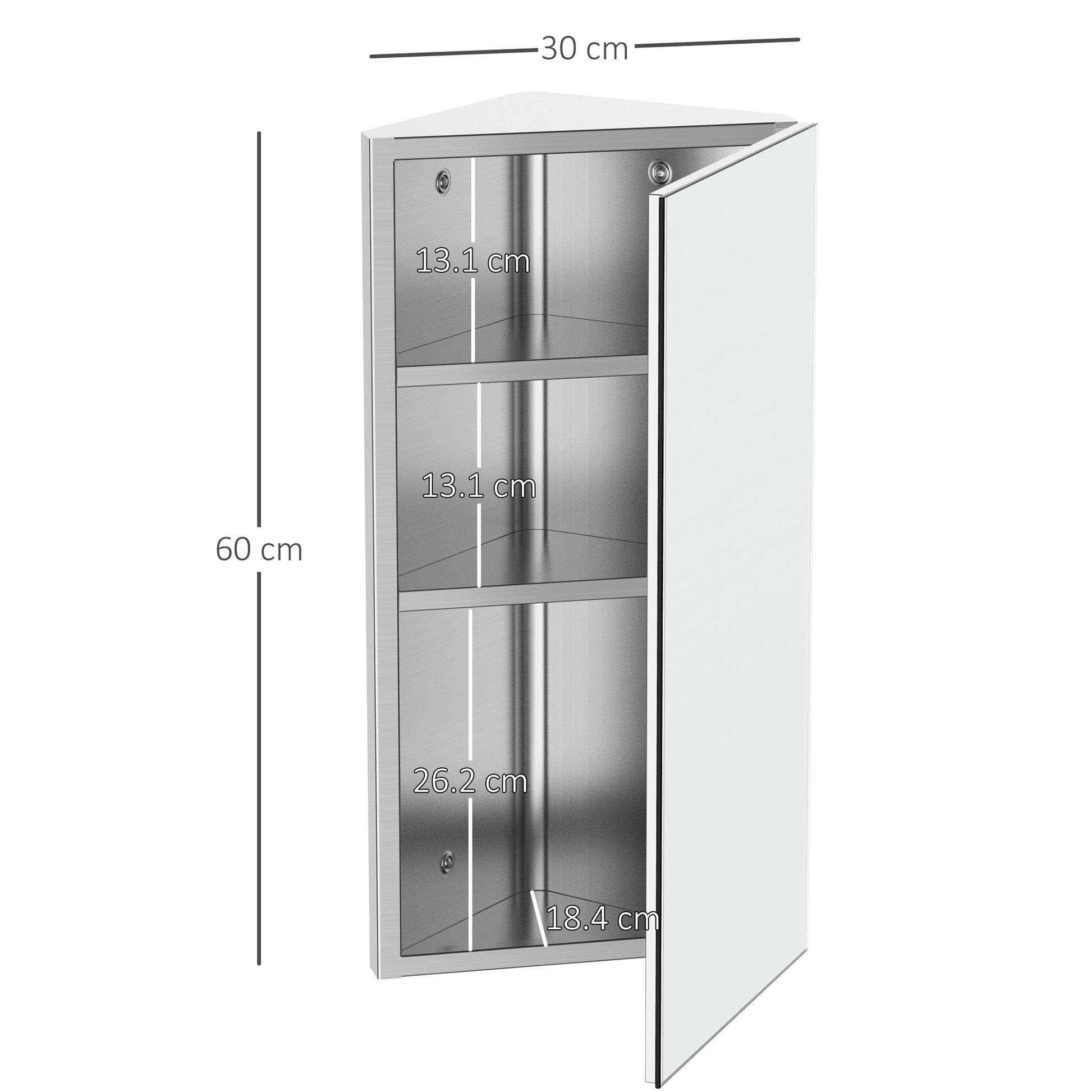 HOMCOM Mirror Cabinet for Bathroom Mirror Cupboard Corner Stainless Steel Wall mounted Single Door 300mm (W)