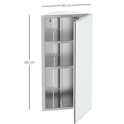 HOMCOM Mirror Cabinet for Bathroom Mirror Cupboard Corner Stainless Steel Wall mounted Single Door 300mm (W)