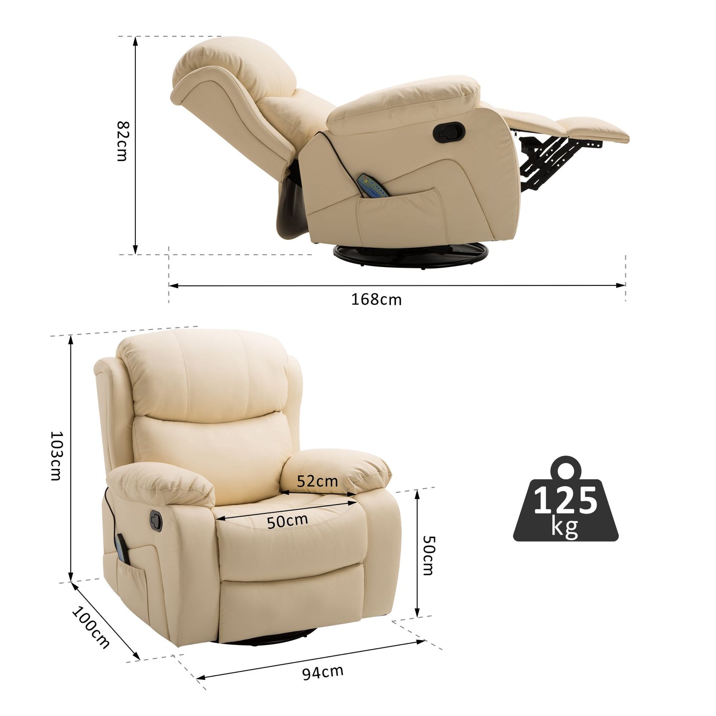 HOMCOM PU Leather Reclining Chair with 8 Massage Points and Heat, Manual Recliner with Swivel Base, Footrest and Remote, Beige