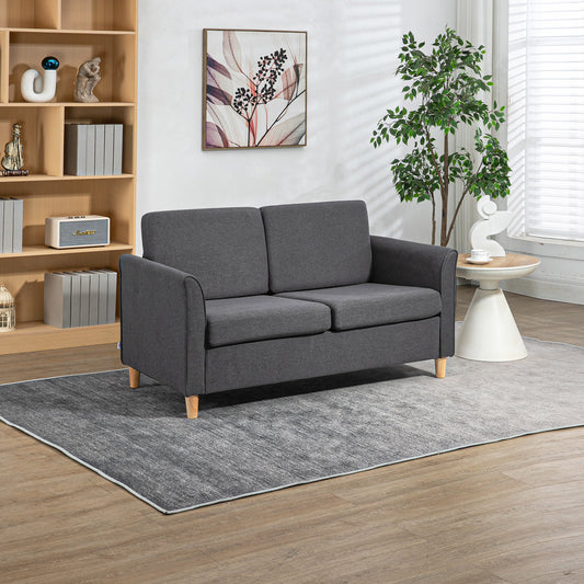 HOMCOM Compact Loveseat Sofa, Modern 2 Seater Sofa for Living Room with Wood Legs and Armrests, Dark Grey