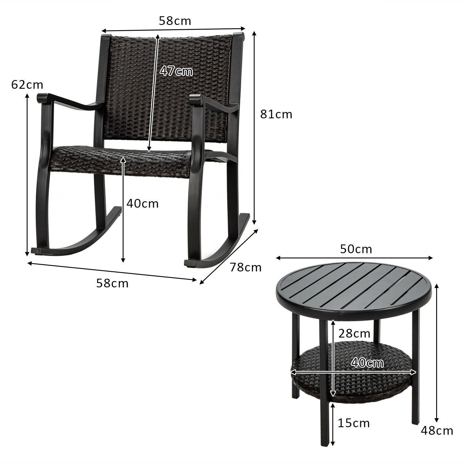 3 Piece Rocking Table Chairs Set with Coffee Table for Poolside