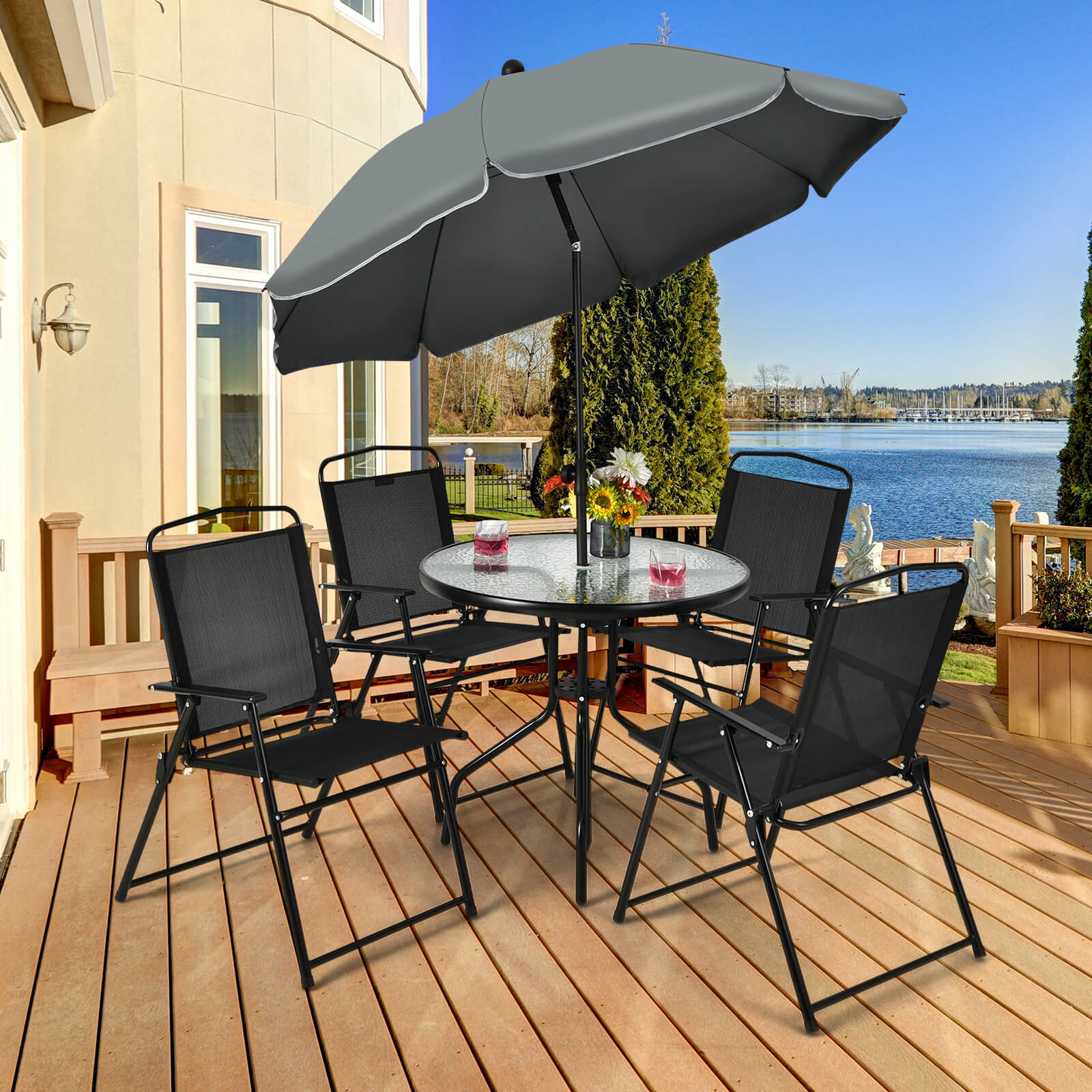 6 Pieces Patio Dining Set with Folding Chairs and Glass Table-Black