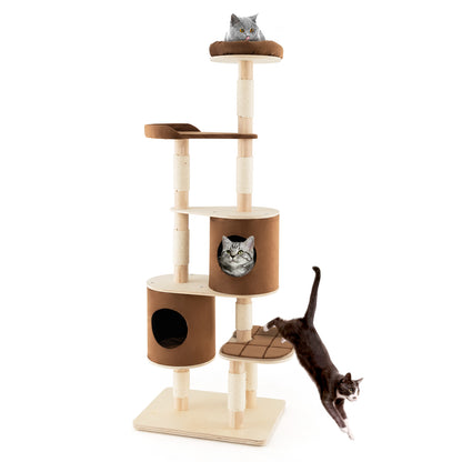 6-Tier Cat Tree Rubber Wood Cat Tower with Sisal Scratching Post-Brown