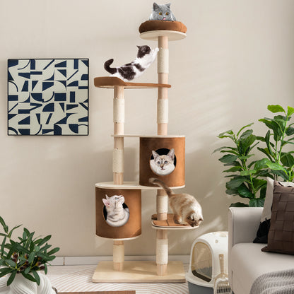 6-Tier Cat Tree Rubber Wood Cat Tower with Sisal Scratching Post-Brown