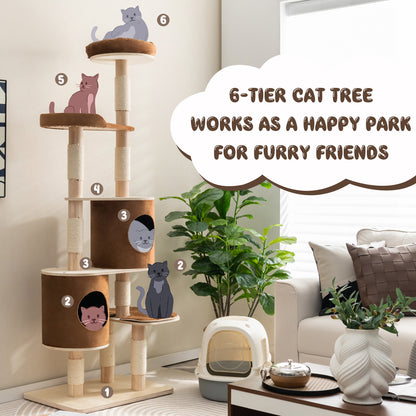 6-Tier Cat Tree Rubber Wood Cat Tower with Sisal Scratching Post-Brown