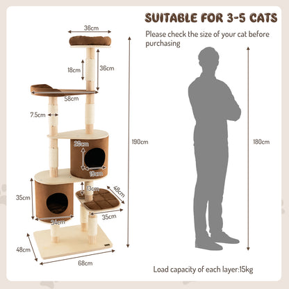 6-Tier Cat Tree Rubber Wood Cat Tower with Sisal Scratching Post-Brown