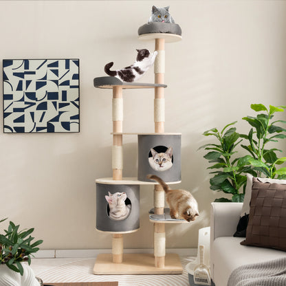 6-Tier Cat Tree Rubber Wood Cat Tower with Sisal Scratching Post-Grey