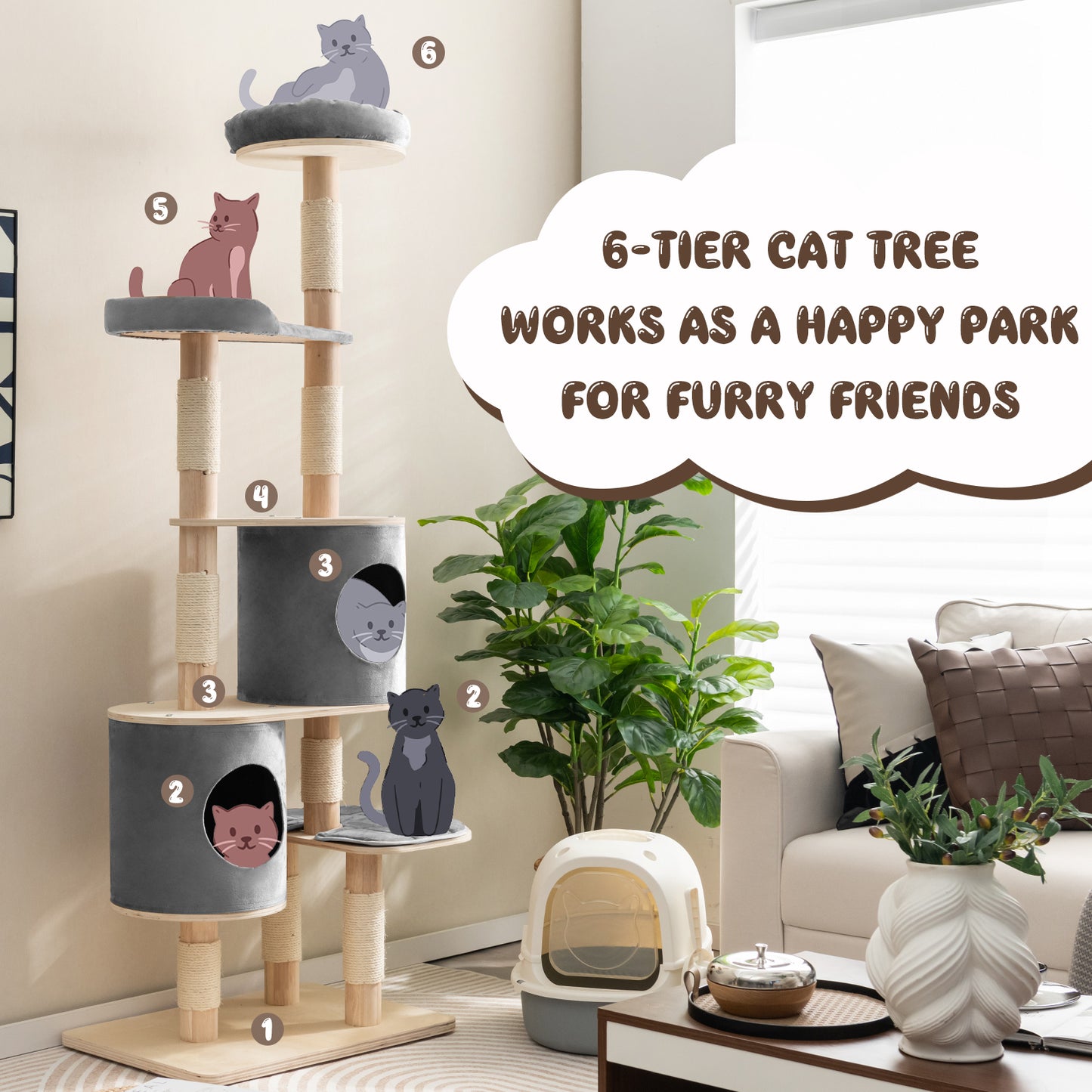 6-Tier Cat Tree Rubber Wood Cat Tower with Sisal Scratching Post-Grey