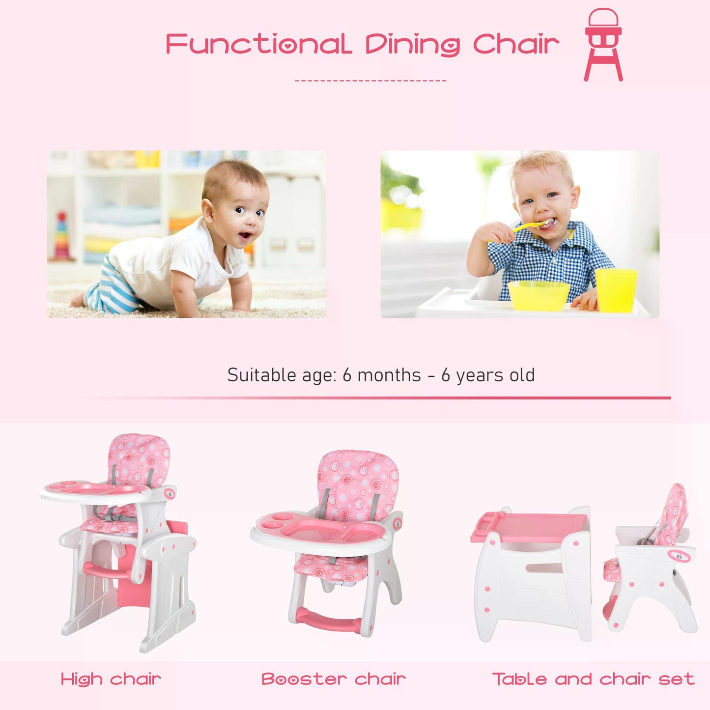 HOMCOM HDPE 3-in-1 Baby Booster High Chair Pink