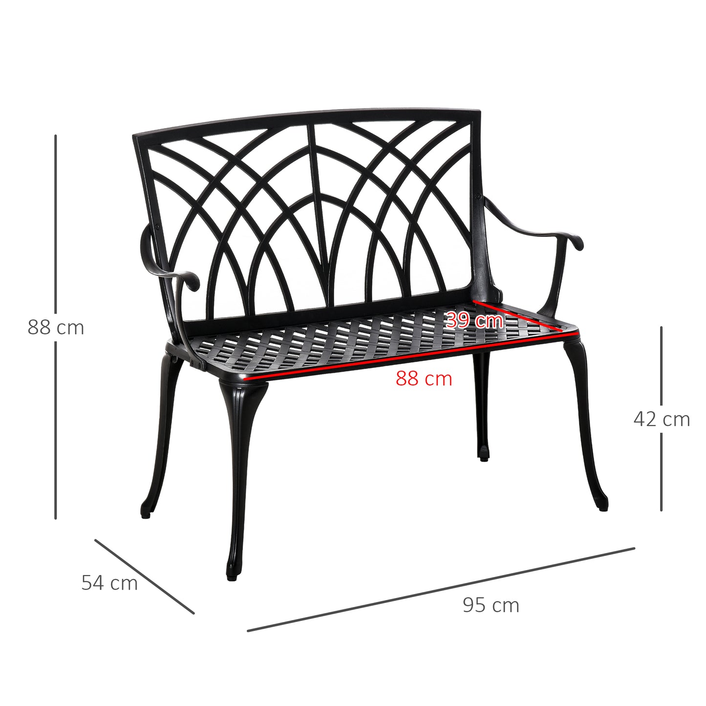 Outsunny 2-Seater Aluminium Garden Bench Loveseat Outdoor Furniture w/ Decorative Backrest & Ergonomic Armrest for Patio Terrace Porch