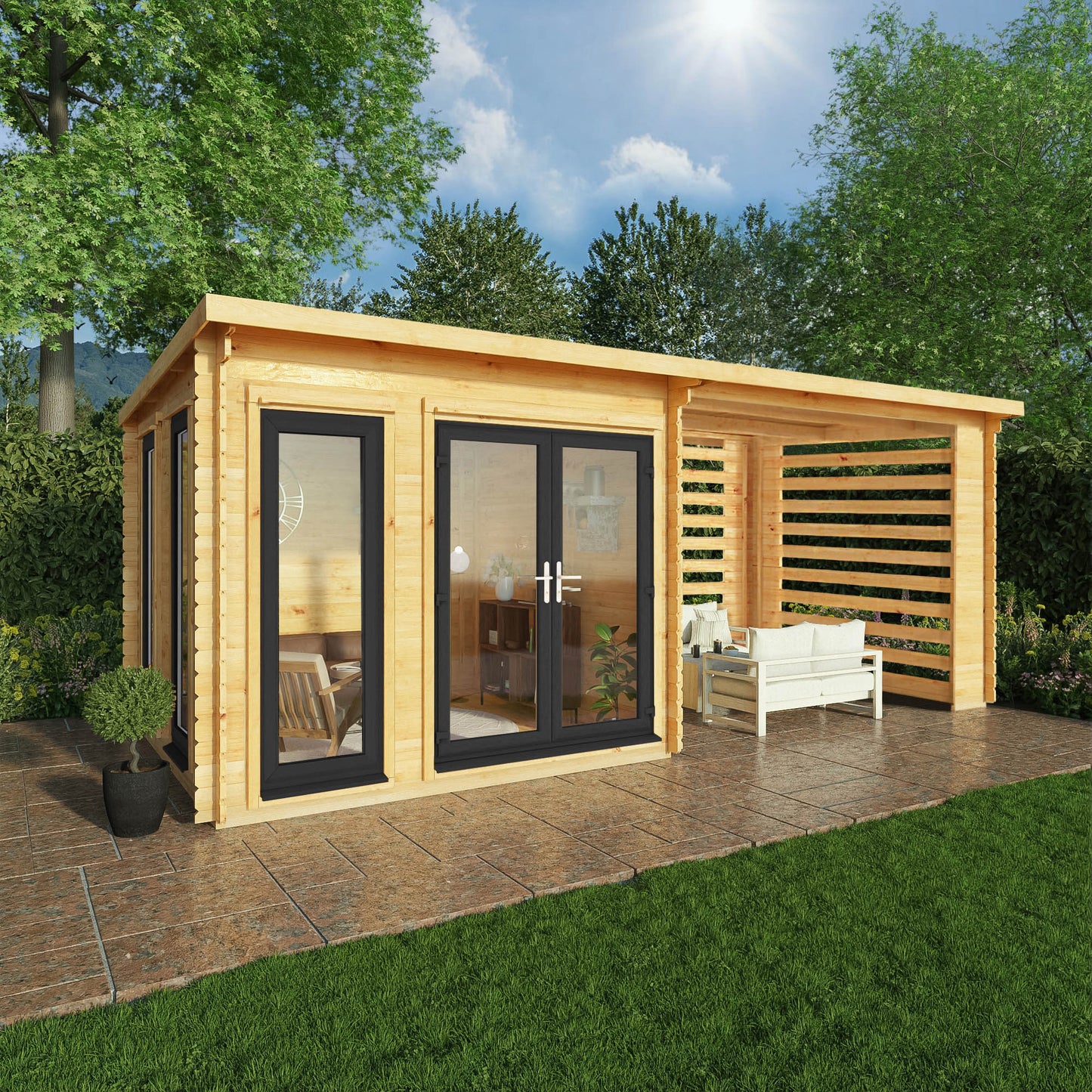 6M X 3M Studio Pent Log Cabin With Slatted Area - 44Mm (Upvc Windows & Door) - Grey