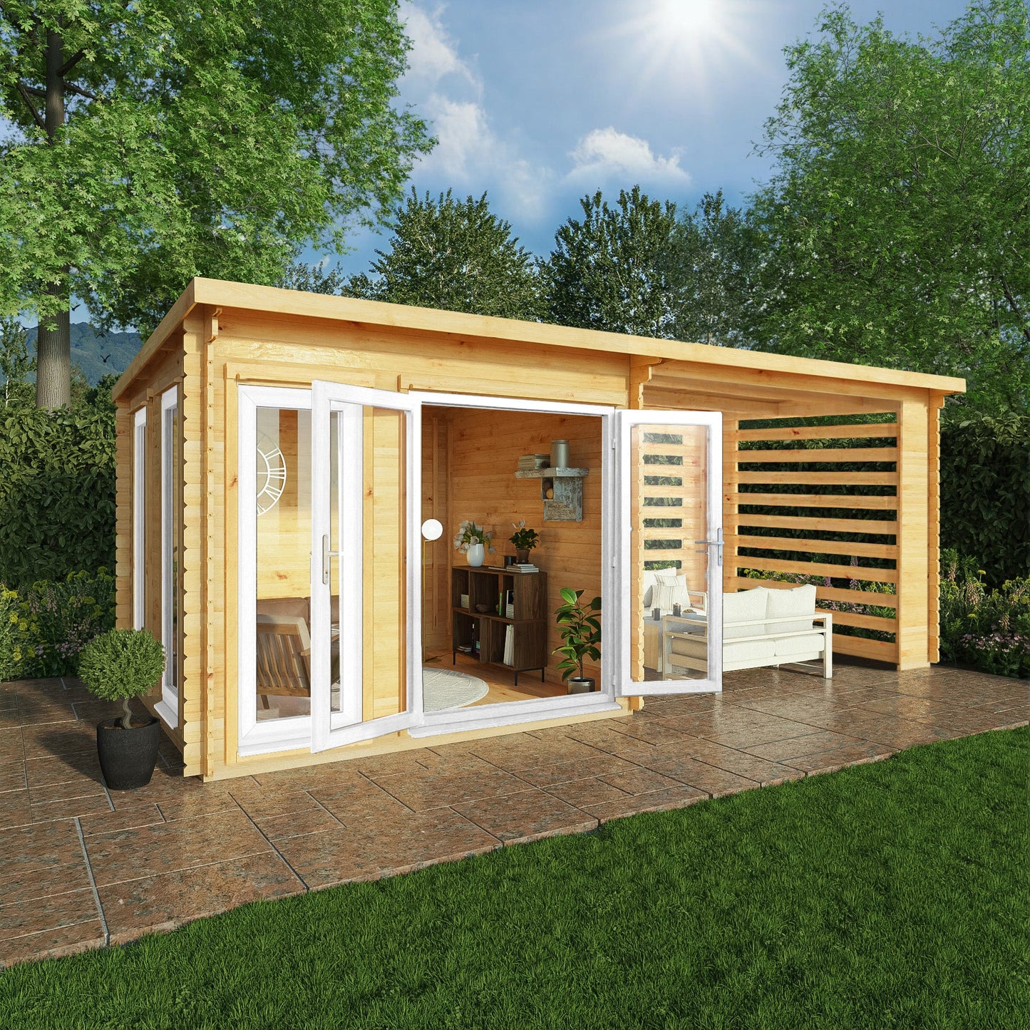 6M X 3M Studio Pent Log Cabin With Slatted Area - 44Mm (Upvc Windows & Door) - White