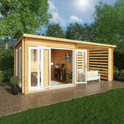 6M X 3M Studio Pent Log Cabin With Slatted Area - 44Mm (Upvc Windows & Door) - White