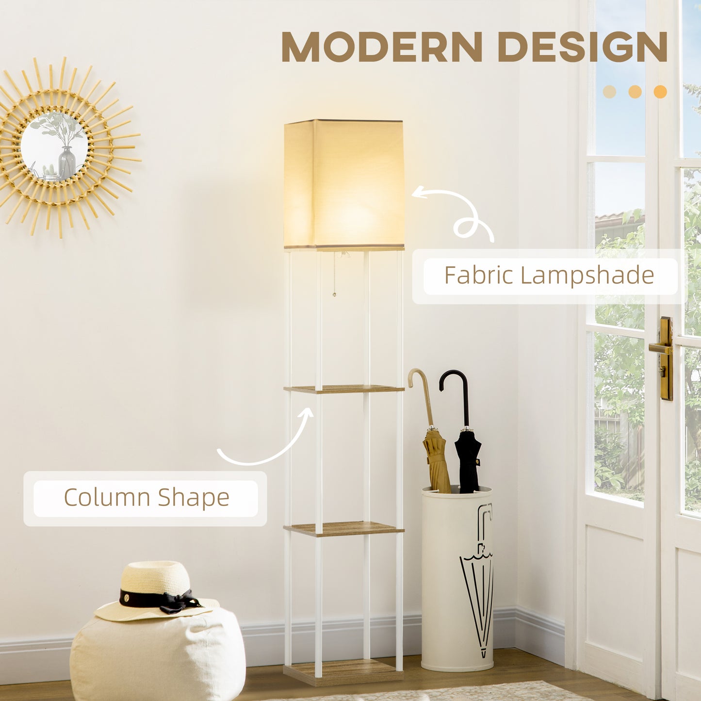 HOMCOM Modern Floor Lamp with Shelves, 3 Layer Shelf Tall Standing Lamp with Fabric Lampshade, Pull Chain Switch (Bulb not included)