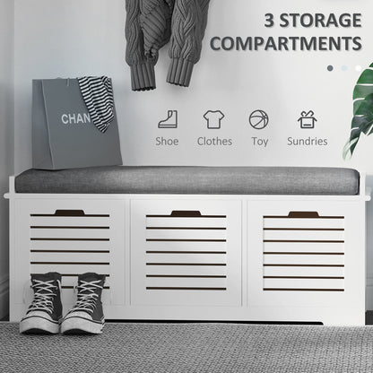 HOMCOM White Storage Bench with 3 Drawers & Removable Grey Seat Cushion Hallway Organisation furniture