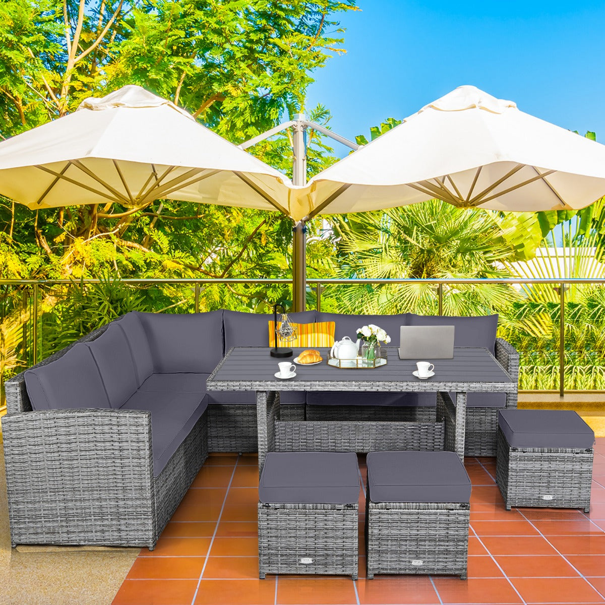 7-Piece Patio Furniture Set with Back and Seat Cushions-Grey