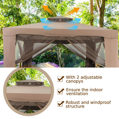 10 x 10ft Double Tiered Canopy Gazebo Garden Shelter Tent-Brown