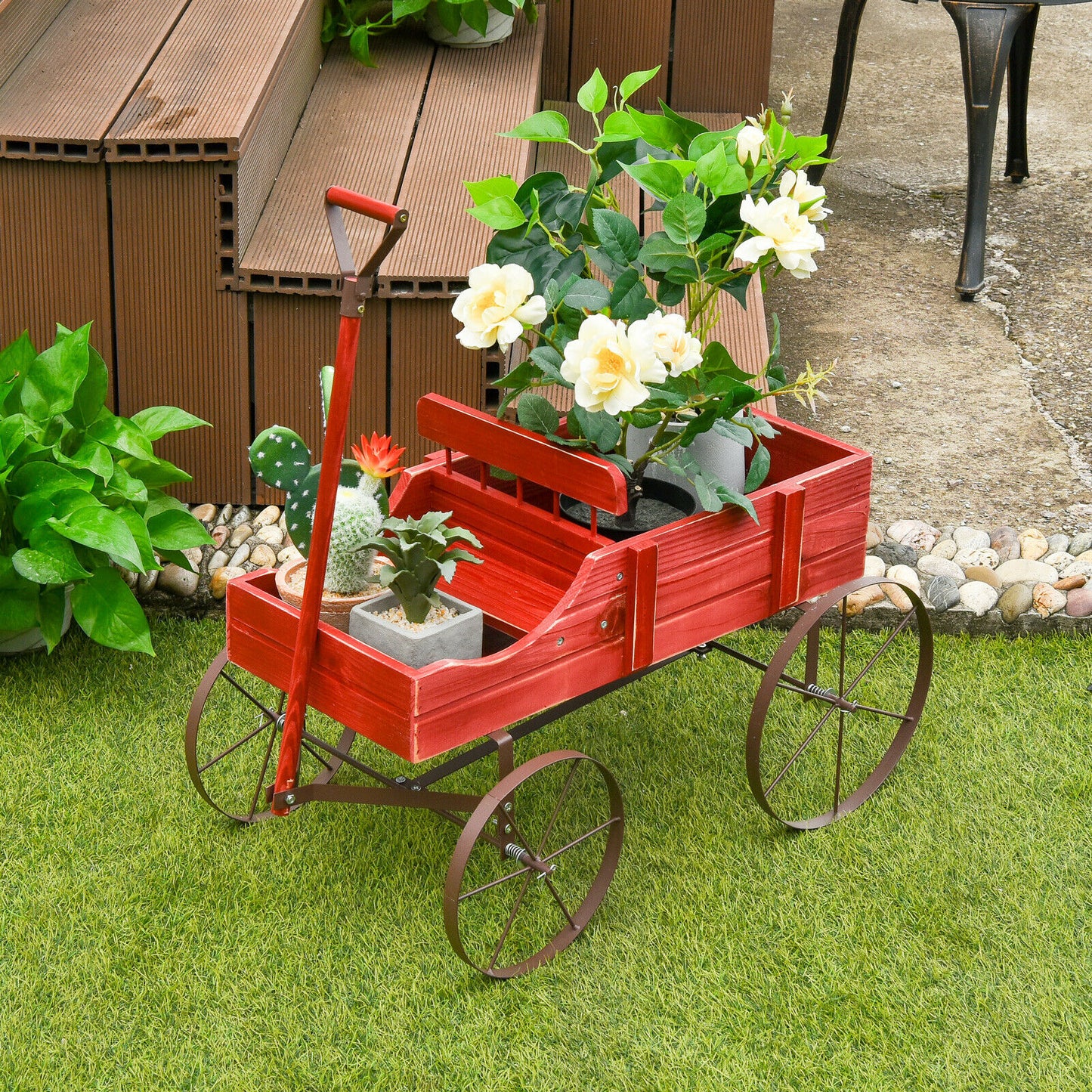 Amish Styled Wagon Plant Stand with Wheels-Red