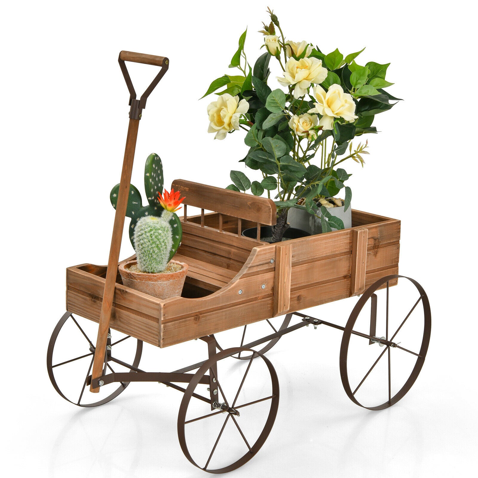 Amish Styled Wagon Plant Stand with Wheels-Brown