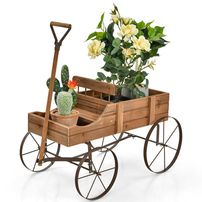 Amish Styled Wagon Plant Stand with Wheels-Brown