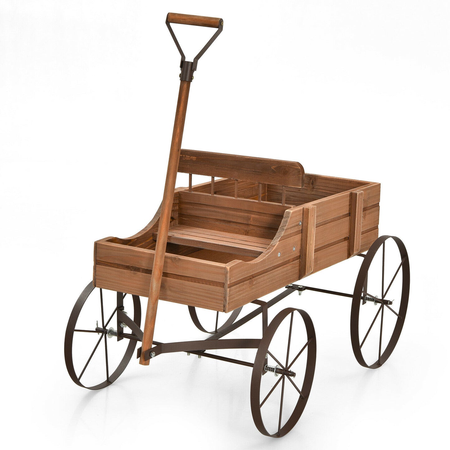 Amish Styled Wagon Plant Stand with Wheels-Brown